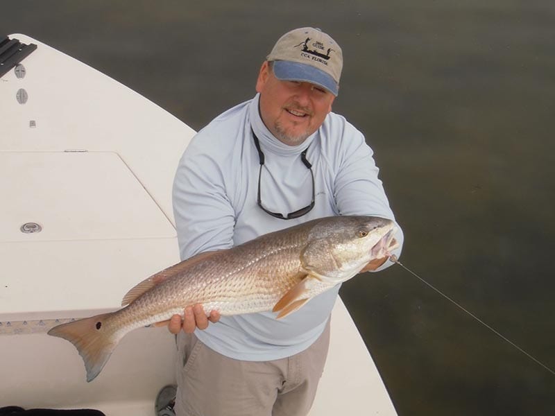 Clearwater fishing guide client with caught redfish on charter trip.